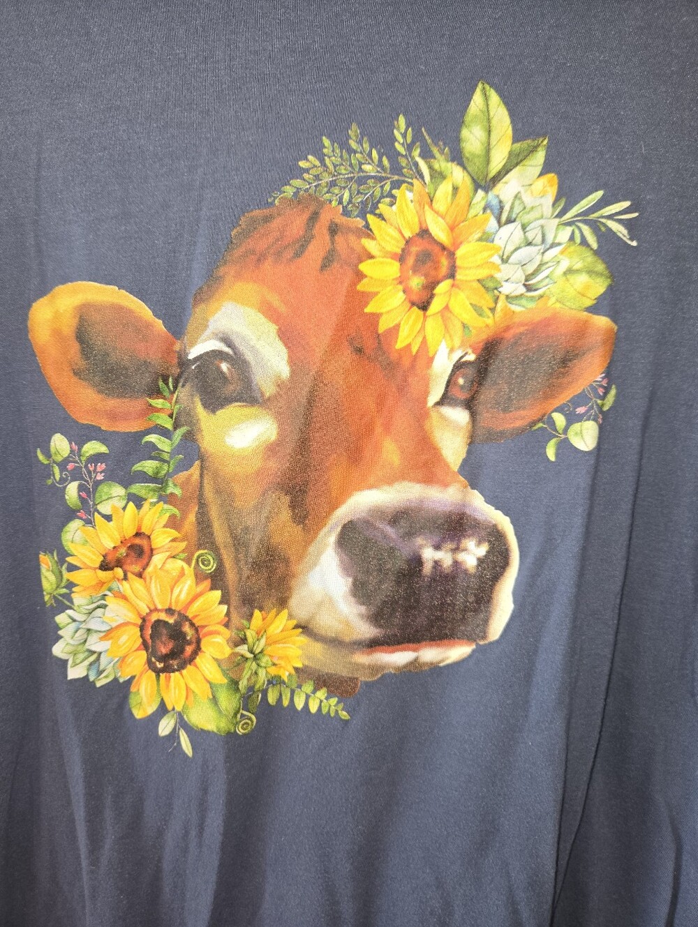 Women's Farm To Markey Navy Blue Tee with Sunflower Cow Graphic XL - Picture 4 of 7